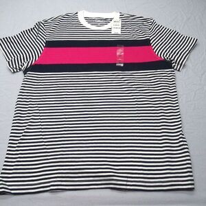 Club Room Shirt Mens Large Navy Blue Striped Cotton Crew Neck Short‎ Sleeve NEW